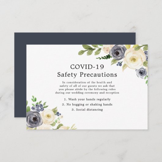 Blauw & Witte Bloemige Trouw COVID-19 Veiligheid Informatiekaartje (Voorkant / Achterkant)