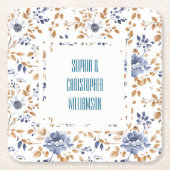 Blauw Witte Bloemige Trouwdag Kartonnen Onderzetters (Voorkant)