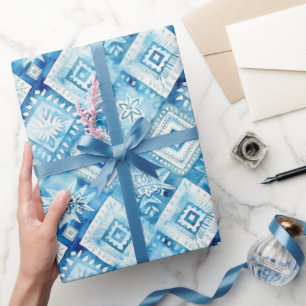 Blauw Witte Bloemige Vierkante Bruiloftsborrel Cadeaupapier
