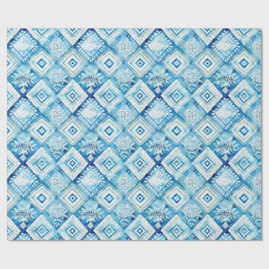 Blauw Witte Bloemige Vierkante Bruiloftsdouche Cadeaupapier (Vlak)