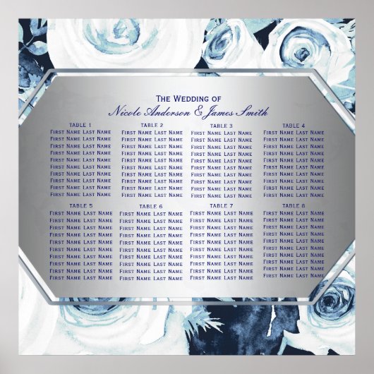 Blauw Witte Bloemige Winter Bruiloft Stoelen Plan Poster (Voorkant)