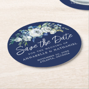 Blauw Witte Bloemige Winter Save the Date Ronde Kartonnen Onderzetter