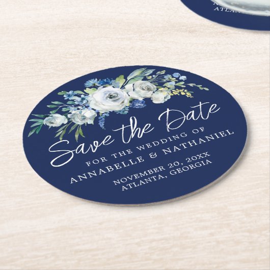 Blauw Witte Bloemige Winter Save the Date Ronde Kartonnen Onderzetter (Gebogen)