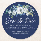 Blauw Witte Bloemige Winter Save the Date Ronde Kartonnen Onderzetter (Voorkant)