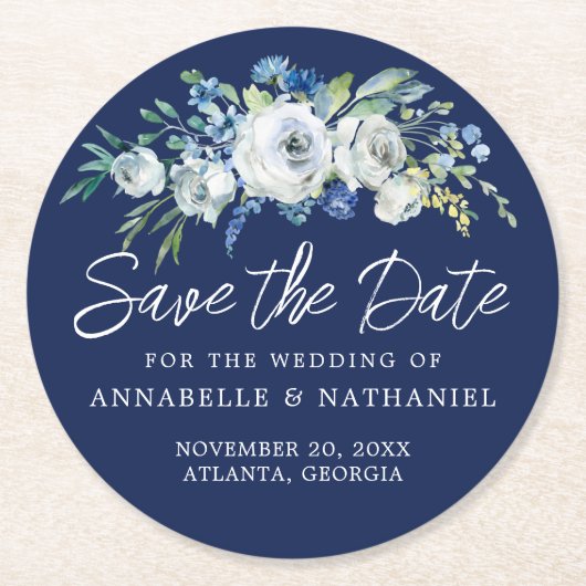Blauw Witte Bloemige Winter Save the Date Ronde Kartonnen Onderzetter (Voorkant)
