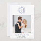Blauw-witte bloemkam monogram foto save the date (Voorkant)