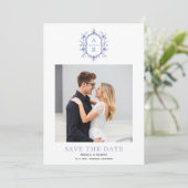 Blauw-witte bloemkam monogram foto save the date (Staand voorkant)