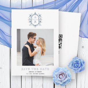Blauw-witte  bloemkam monogram foto save the date