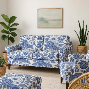Blauw Witte Bloemmotieven Victoriaanse Vintage Tui Stof