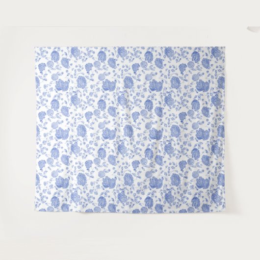 Blauw Witte Bloemrijke Toile Elegante Chique Achte Wandkleed (Voorkant (horizontaal))