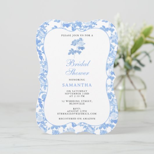 Blauw Witte Bloemrozen Chinoiserie Bruiloft Kaart (Staand voorkant)