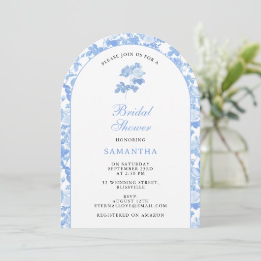 Blauw Witte Bloemrozen Chinoiserie Bruiloftsshower Kaart (Staand voorkant)