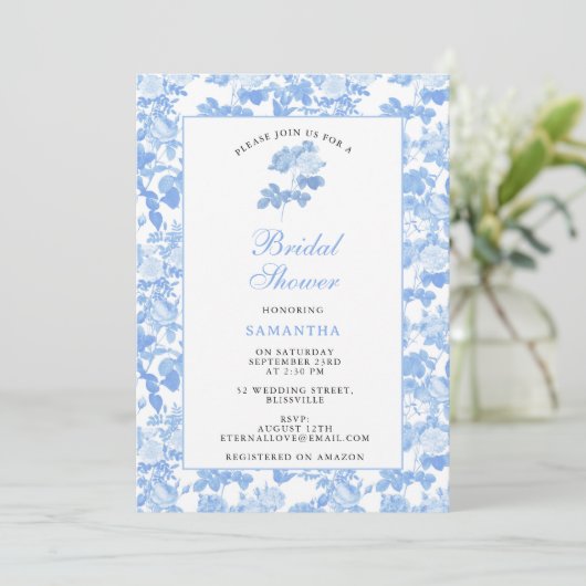 Blauw Witte Bloemrozen Chinoiserie Bruiloftsshower Kaart (Staand voorkant)