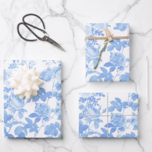 Blauw Witte Bloemrozen Franse Chinoiserie Patroon Inpakpapier Vel