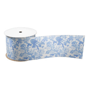 Blauw Witte Bloemrozen Franse Chinoiserie Patroon Satijnen Lint