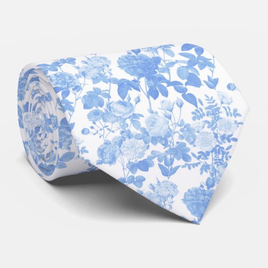 Blauw Witte Bloemrozen Franse Chinoiserie Patroon Stropdas (Opgerold)
