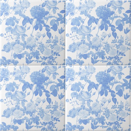 Blauw Witte Bloemrozen Franse Patroon Tegeltje