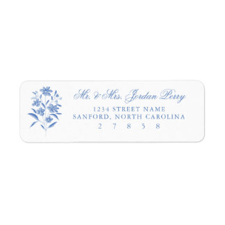 Blauw-witte bloemsticker met retouradres etiket