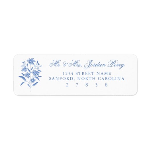 Blauw-witte bloemsticker met retouradres etiket (Voorkant)