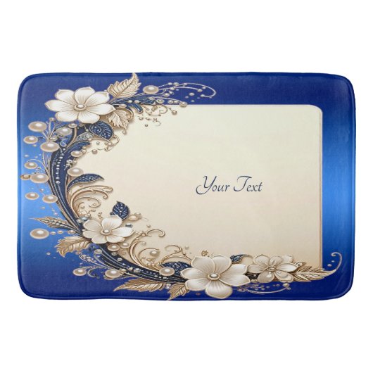 Blauw Witte Bloemversiering Badmat (Voorkant)