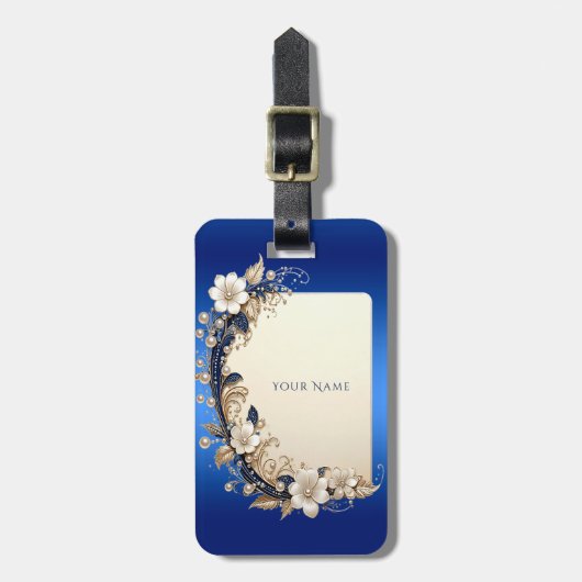 Blauw Witte Bloemversiering Bagage Label (Voorkant verticaal)