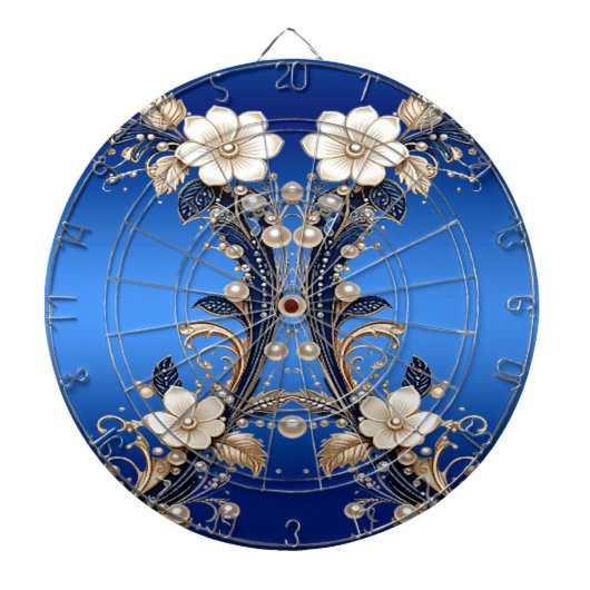 Blauw Witte Bloemversiering Dartbord (Voorkant)