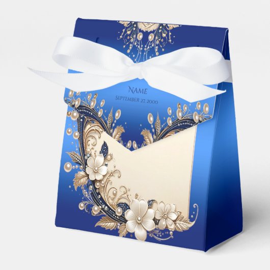 Blauw Witte Bloemversiering Favor Doos Bedankdoosjes (Voorkant Zijde)