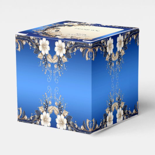 Blauw Witte Bloemversiering Favor Doos Bedankdoosjes (Voorkant Zijde)
