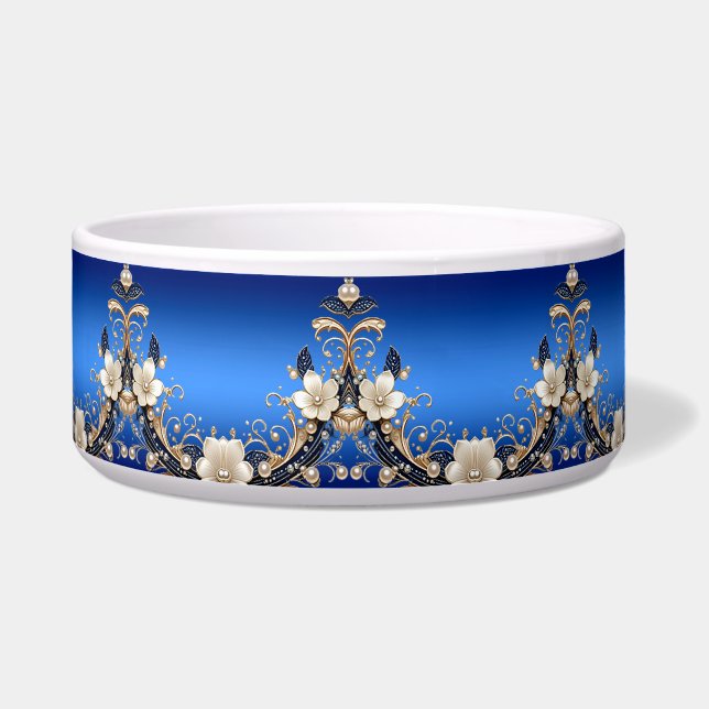 Blauw Witte Bloemversiering Huisdier Kom (Voorkant)