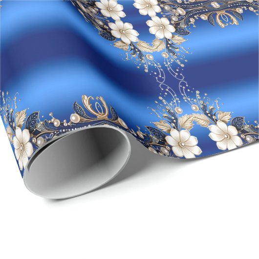 Blauw Witte Bloemversiering Inpakpapier (Rol Hoek)