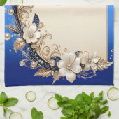Blauw Witte Bloemversiering Keukenhanddoek (Gevouwen)