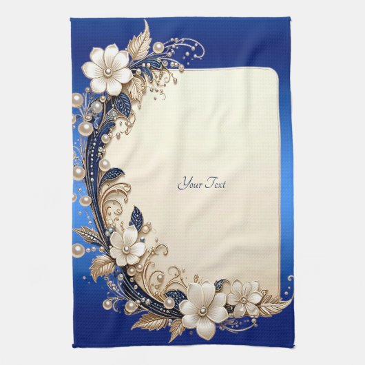 Blauw Witte Bloemversiering Keukenhanddoek (Verticaal)