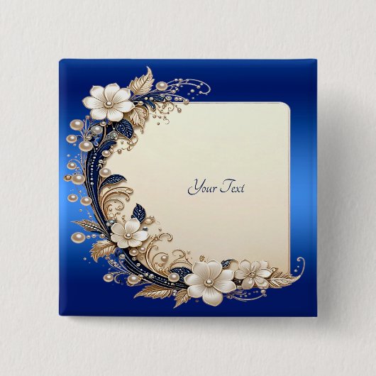 Blauw Witte Bloemversiering Knoop Vierkante Button 5,1 Cm (Voorkant)