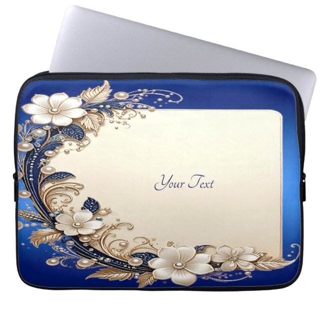 Blauw Witte Bloemversiering Laptop Hoes (Voorkant)