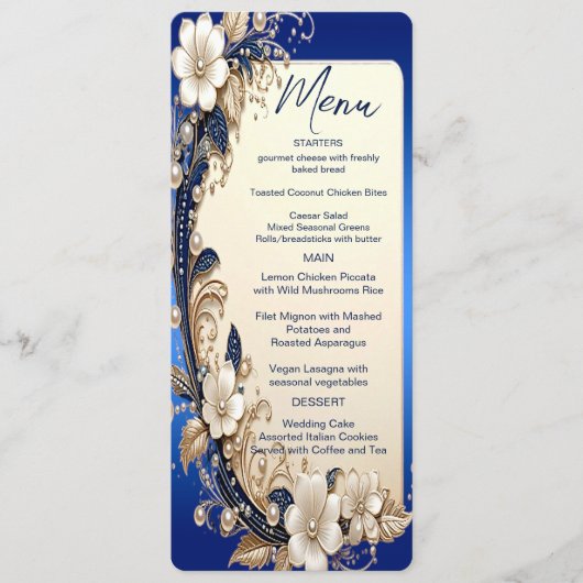 Blauw Witte Bloemversiering Menu (Voorkant)