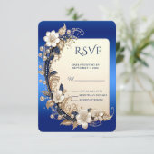Blauw Witte Bloemversiering RSVP Kaart (Staand voorkant)