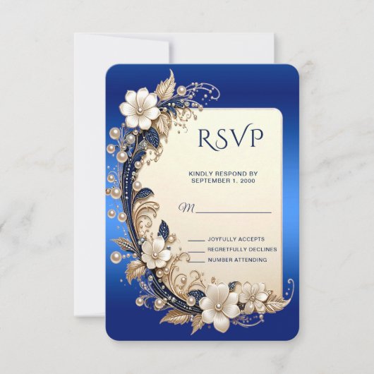 Blauw Witte Bloemversiering RSVP Kaart (Voorkant)