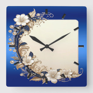 Blauw Witte Bloemversiering Wandklok