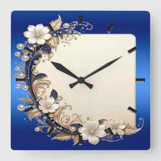 Blauw Witte Bloemversiering Wandklok