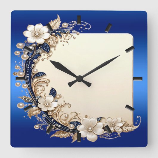 Blauw Witte Bloemversiering Wandklok (Voorkant)