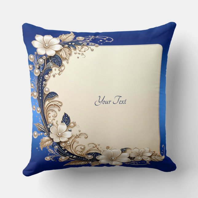 Blauw Witte Bloemversiering Worp Kussen (Achterkant)