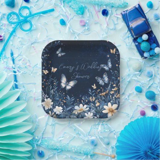 Blauw-witte Bloemvlinders Trouwdouche Papieren Bordje (Feest)