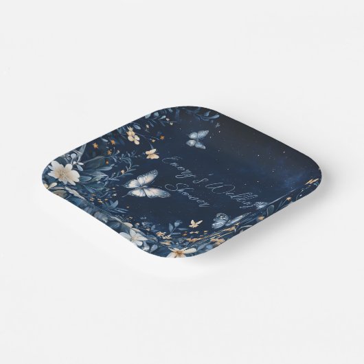 Blauw-witte Bloemvlinders Trouwdouche Papieren Bordje (Gebogen)