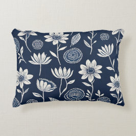 blauw-witte boho bloemen - Blok print-stijl Accent Kussen
