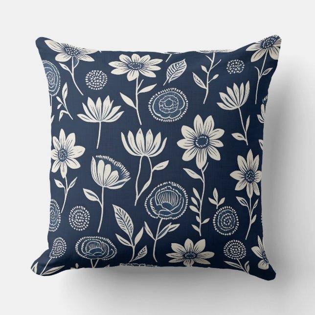 blauw-witte boho bloemen - Blok print-stijl Kussen (Voorkant)