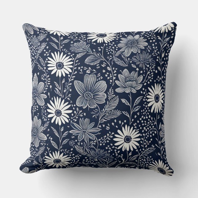 blauw-witte boho Whimsical bloemenprint Kussen (Voorkant)