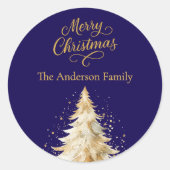 Blauw witte boom sneeuw Kerstmis Ronde Sticker (Voorkant)