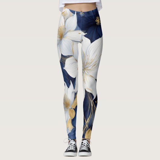 Blauw Witte Botanische Bloemen Leggings (Voorkant)