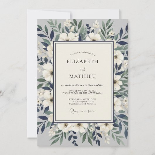 Blauw Witte Botanische Romantische Bruiloft Kaart (Voorkant)