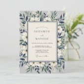 Blauw Witte Botanische Romantische Bruiloft Kaart (Staand voorkant)